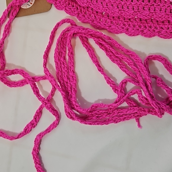 Hand Crafted Bikini Crochet Halter Top Hot Pink White Crop-Top Swim Coverup - Picture 16 of 17